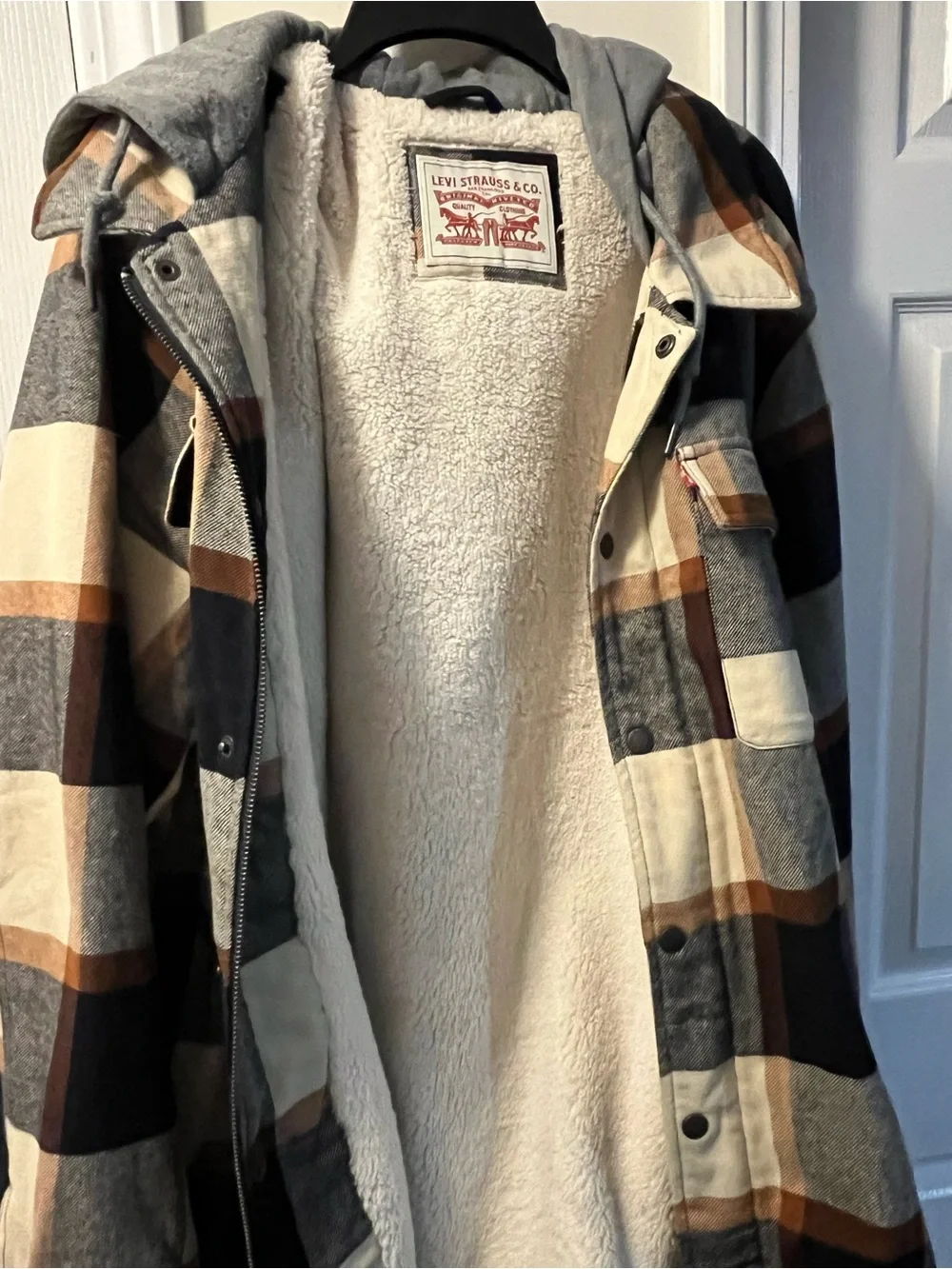 Levis Sherpa Lined Hooded Flannel Jacket Mens XXL Plaid Full Zip Cotton Shacket
